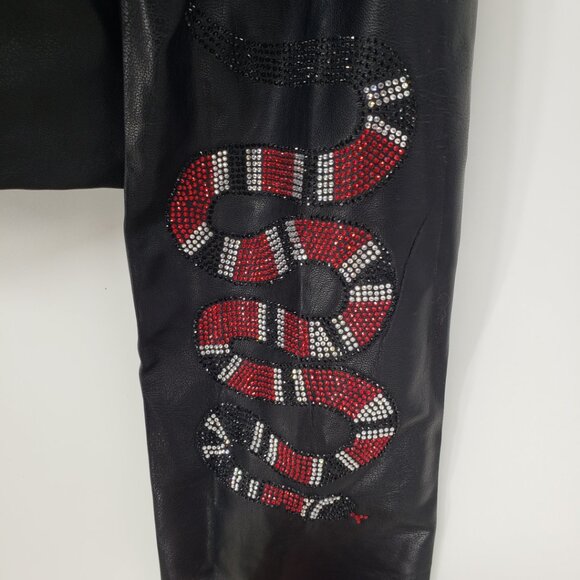 Judith March Faux Leather Fringe Trim Jacket L Rhinestone Snake Black Red - Picture 2 of 9